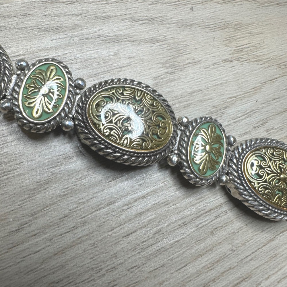 Brighton Corfu Scroll Gold Green Oval Intricate Silver Plate Bracelet Retired - Picture 2 of 6